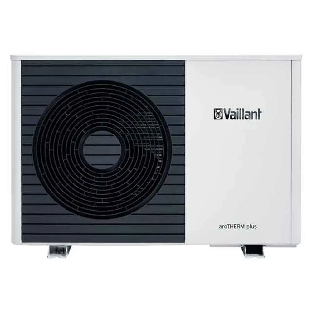 Wärmeverteilsystem von Vaillant mit schwarzem Lüftergitter und weißen Gehäuse, geeignet für Außeneinbau, Anwendungsbereich möglicherweise für Heizungszwecke.